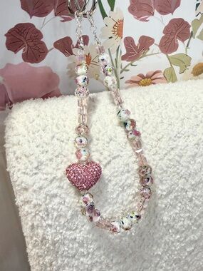 Handmade Pink Beaded Heart Charm Lanyard